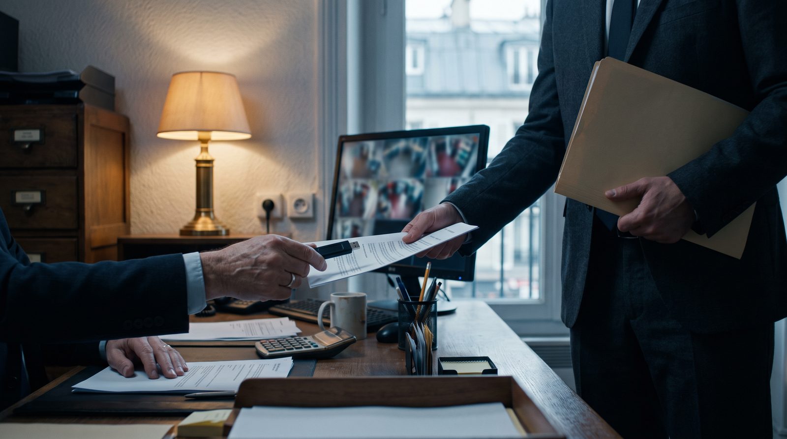 Remise des images de vidéosurveillance à un enquêteur dans l'arrière-boutique d'un commerce