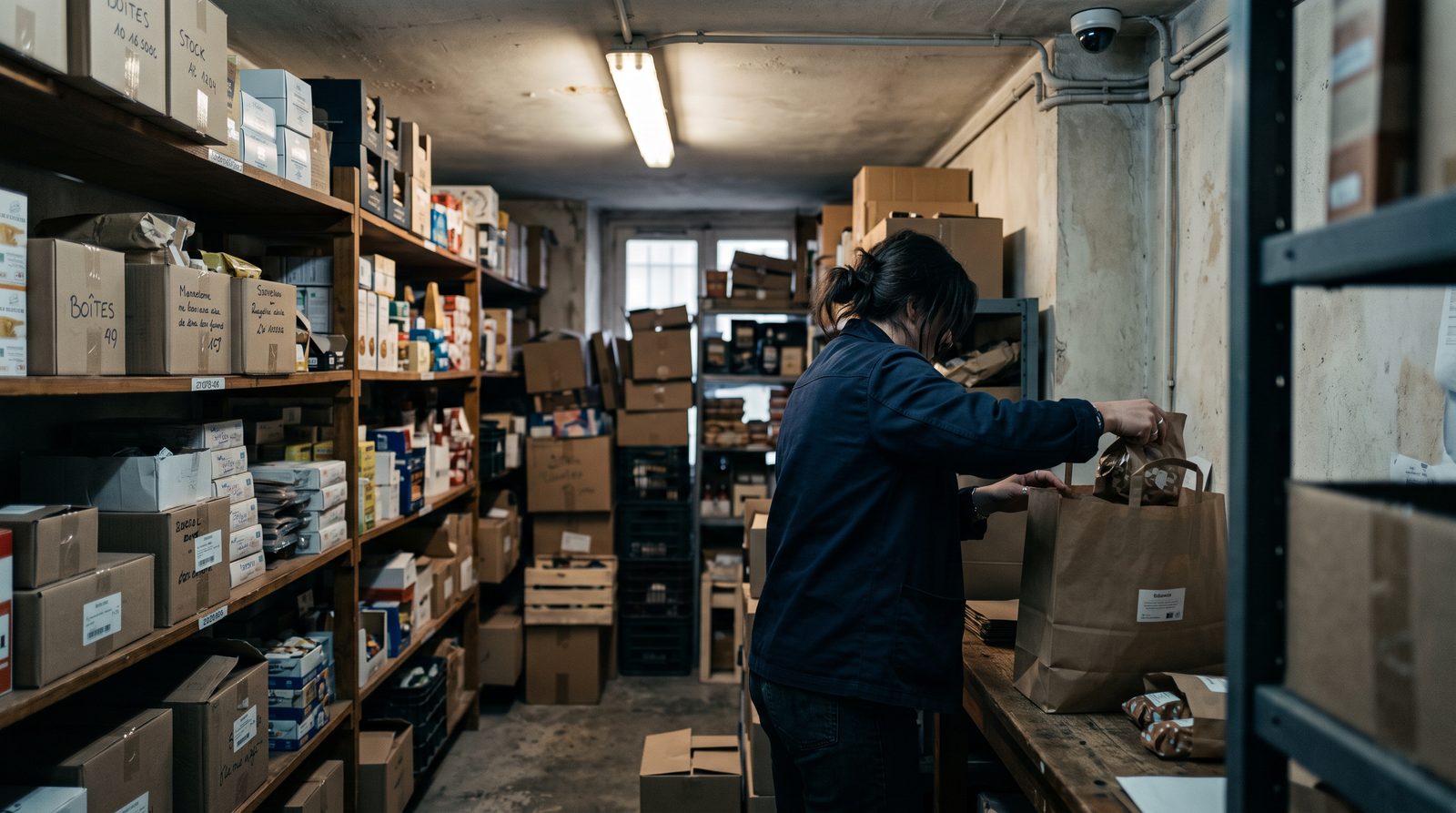 Réserve d'un commerce : une employée glisse un article dans un sac