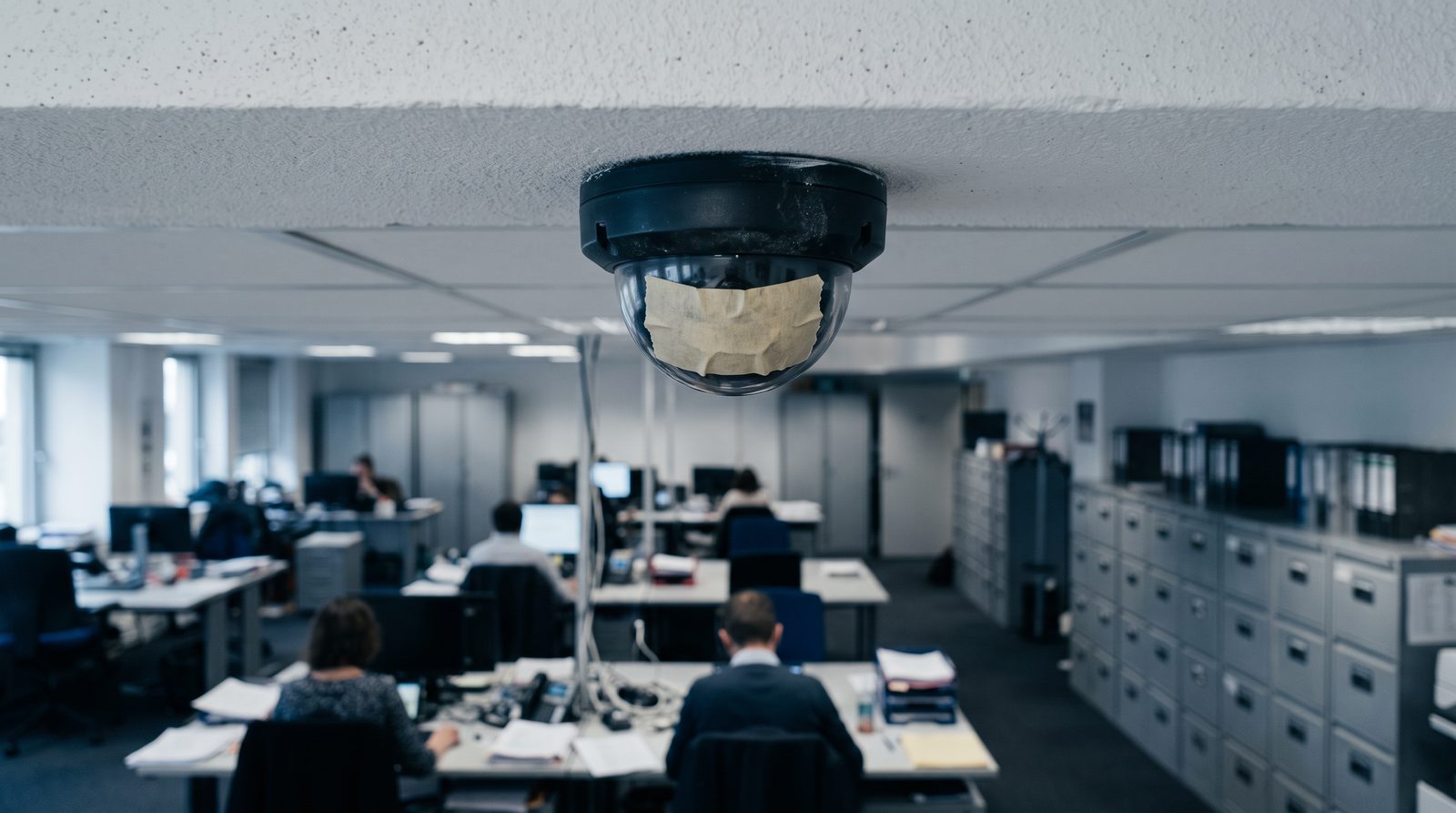 Caméra dôme de bureau dont l'objectif est masqué par un morceau d'adhésif