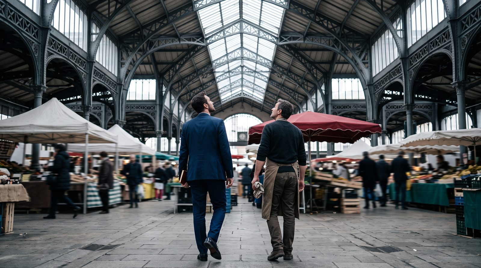Expert AFCV et commerçant sous une halle de marché, observant l'implantation des caméras