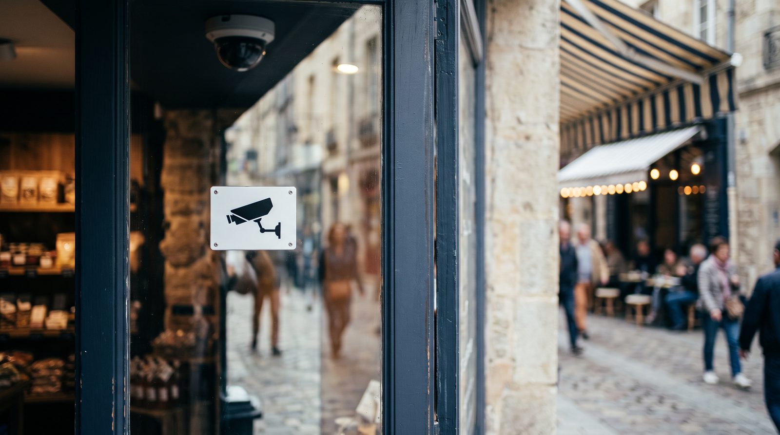 Panonceau d'information sur la porte vitrée d'un commerce
