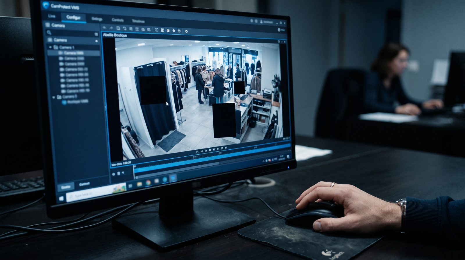 Écran de gestion vidéo avec zone de confidentialité masquée