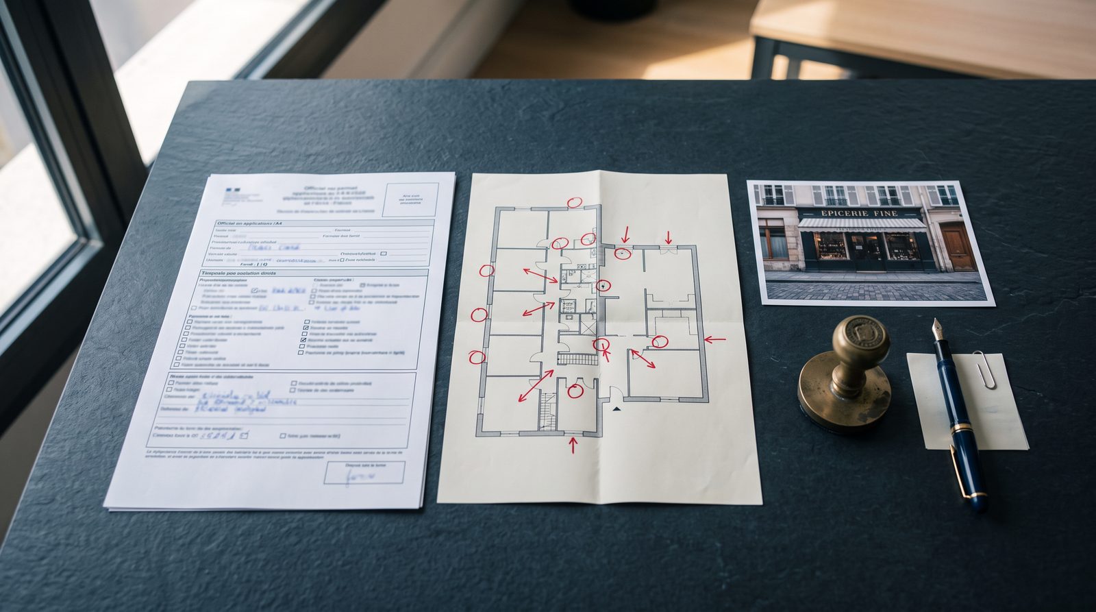 Cerfa, plan d'implantation annoté et photo de façade posés sur un bureau