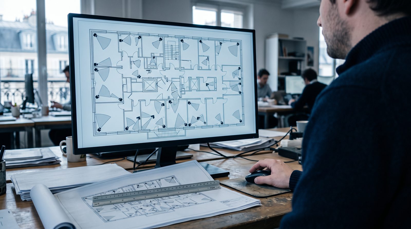 Plan d'implantation des caméras dessiné sur logiciel technique